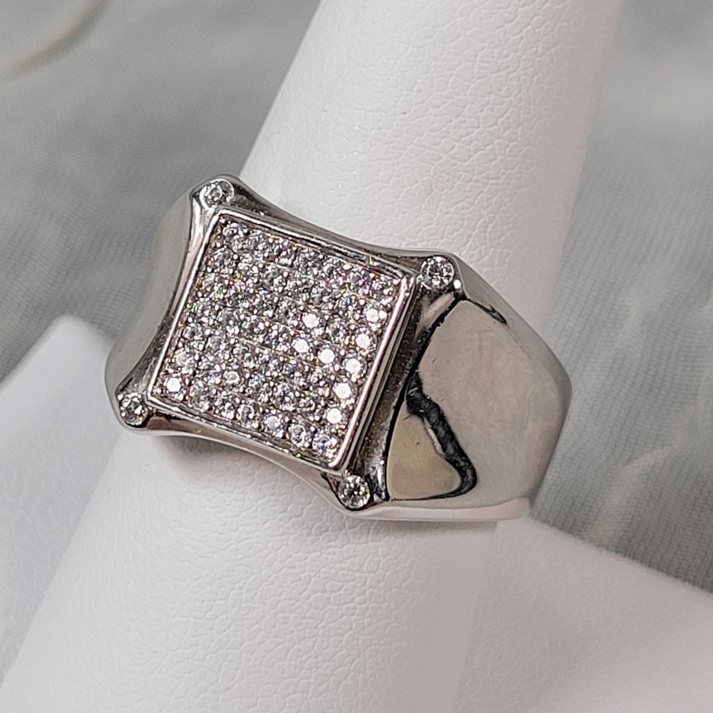 EC Sterling Silver Clear Stone Square Signet Ring Size 8.75